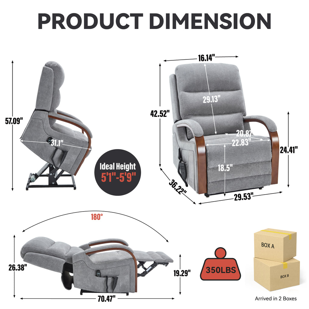 Power Grey Chenille Lift Recliner Chair Dual Motor Infinite Position Up to 350 LBS with Solid Wood Armrests, Heat Massage and Heavy Duty Motion Mechanism - Grand Goldman Shop