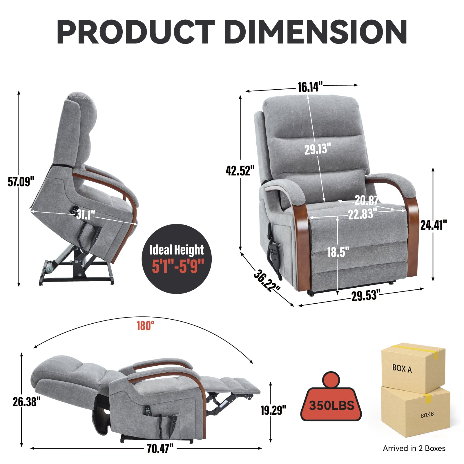 Power Grey Chenille Lift Recliner Chair Dual Motor Infinite Position Up to 350 LBS with Solid Wood Armrests, Heat Massage and Heavy Duty Motion Mechanism - Grand Goldman Shop