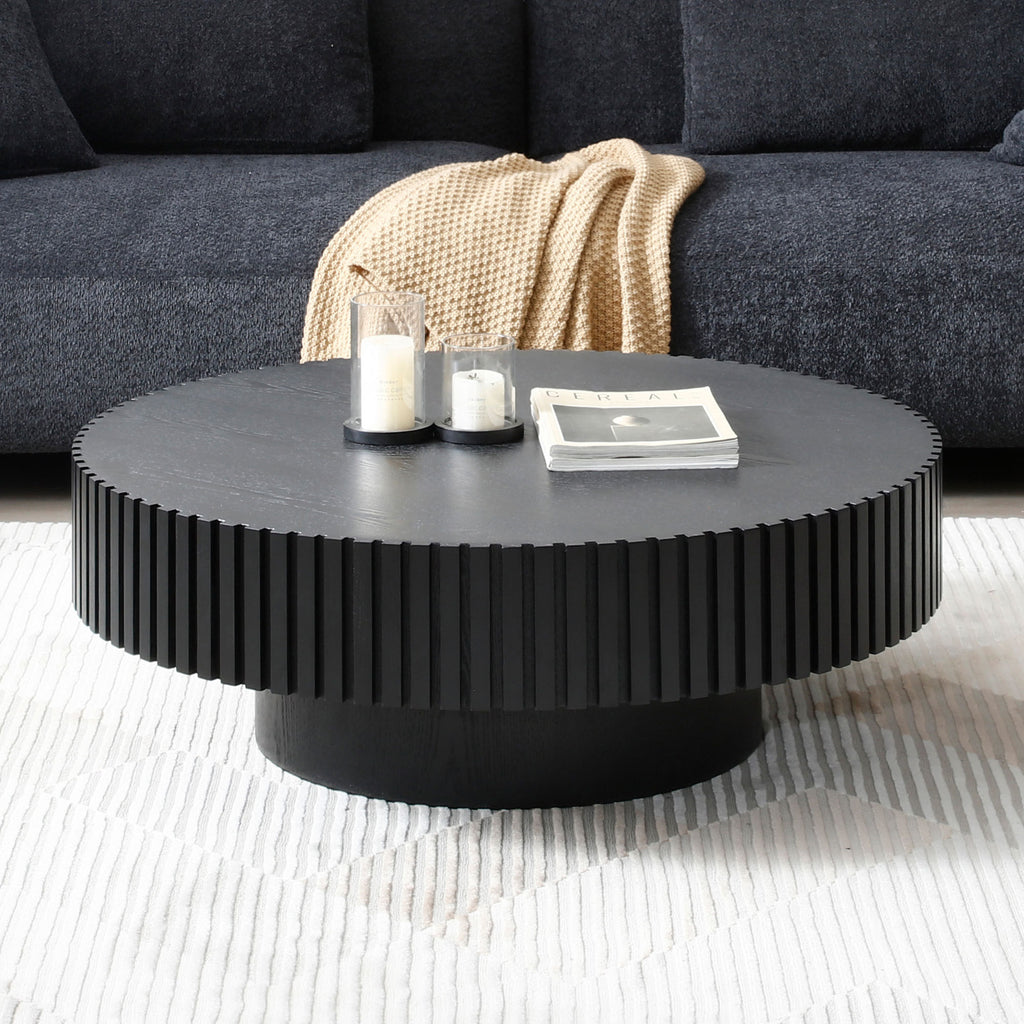 31.49'' Nesting Round Wood Coffee table for Apartment, Modern Living Room Coffee Table with Sturdy Pedestal ,BLACK (Same Sku:W876P243950) - Grand Goldman Shop