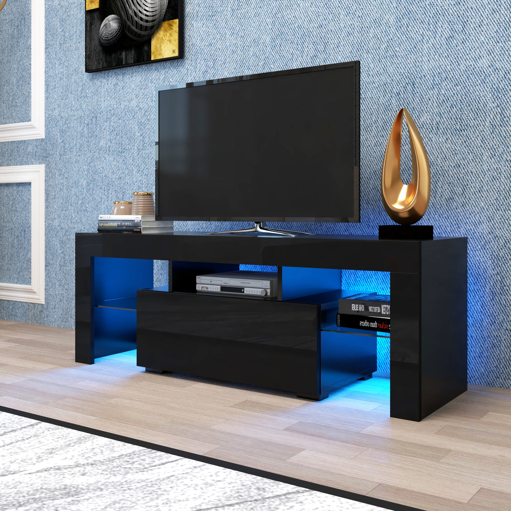Black TV Stand with LED RGB Lights,Flat Screen TV Cabinet, Gaming Consoles - in Lounge Room, Living Room and Bedroom(Black) - Grand Goldman Shop