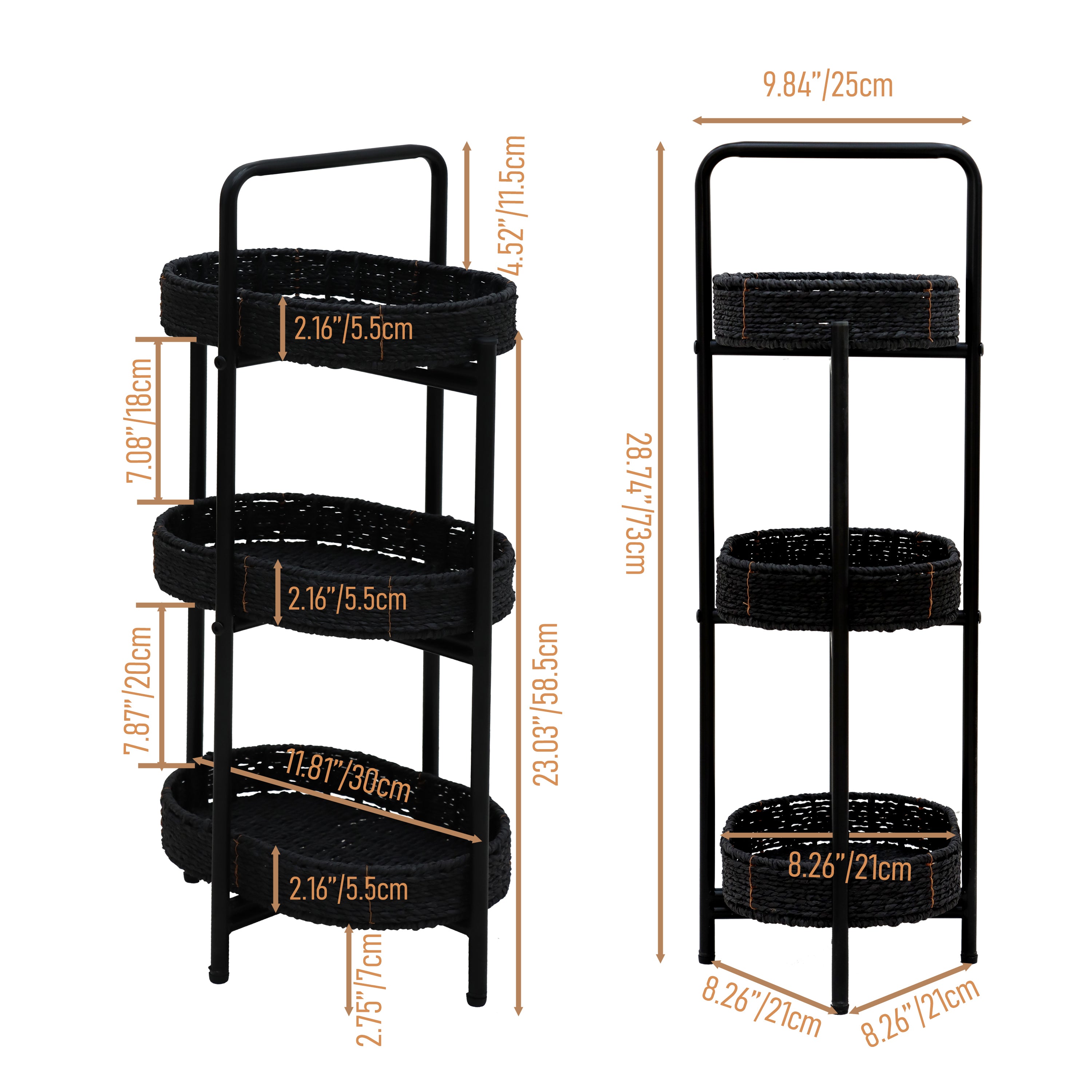 Modern 3-Tier Handwoven Side Table with Oval Organizer in Black Metal and Paper Rope - Grand Goldman Shop