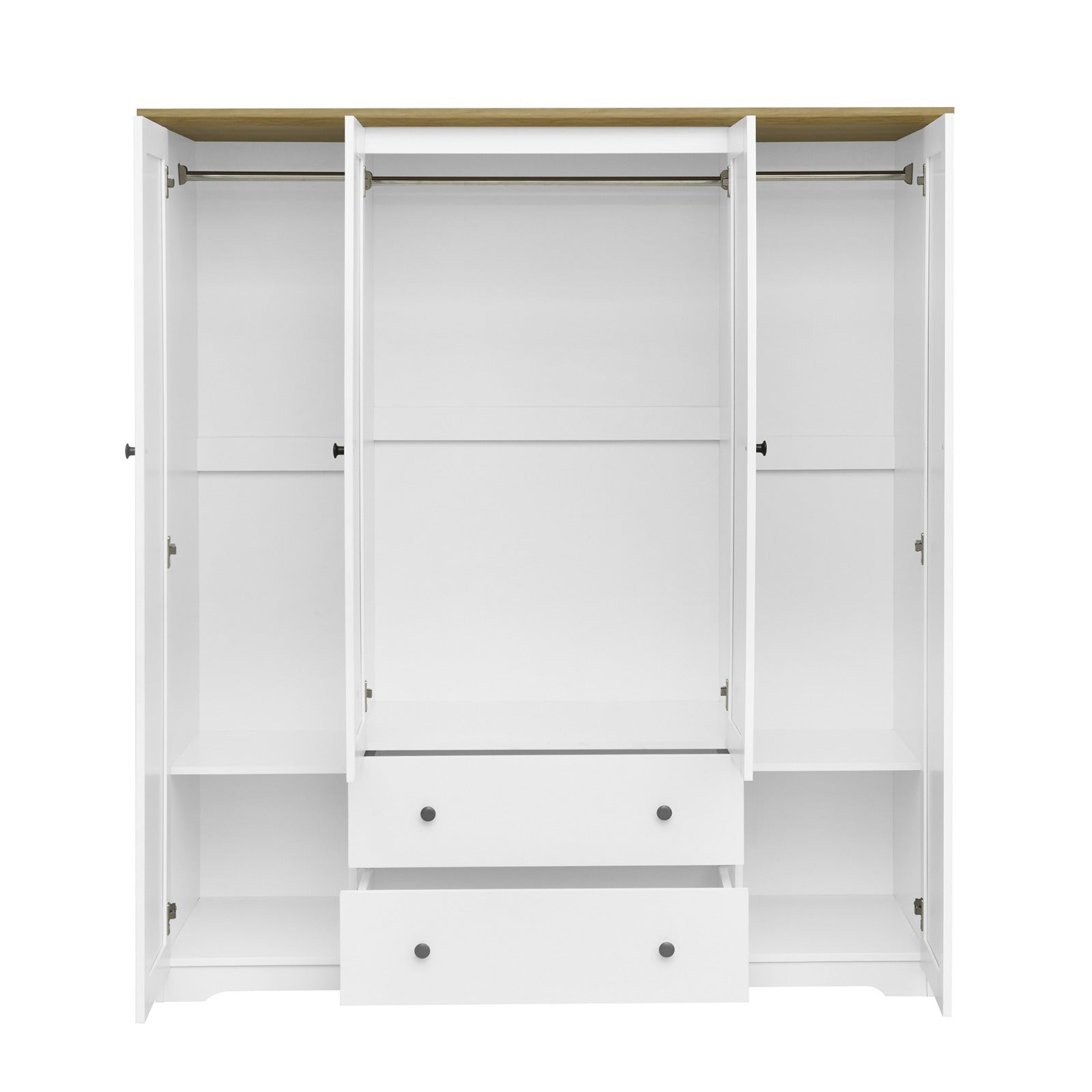 White 4 Door Wardrobe Armoire with 2 Drawers, Pine Wood + MDF, 60.6''L x 20.8''W x 68.5''H - Grand Goldman Shop