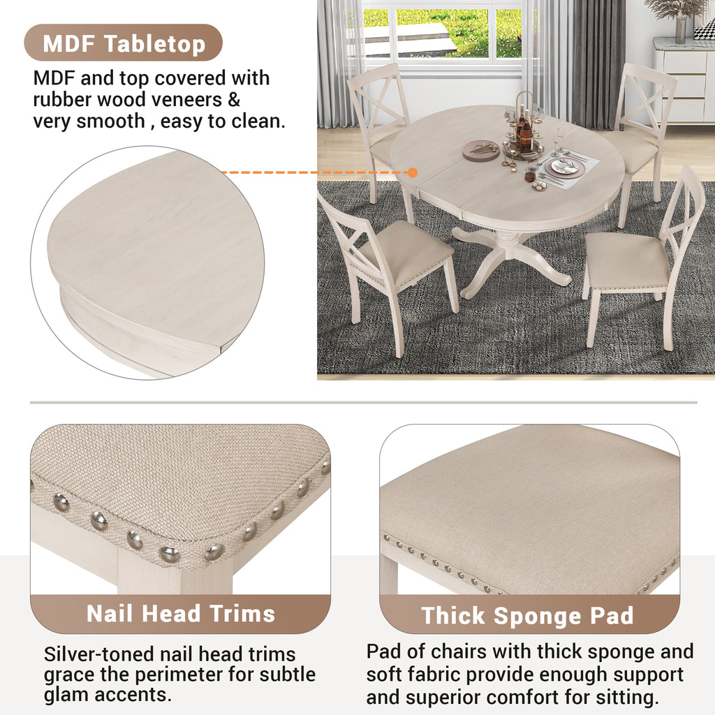 Antique White Modern Dining Table Set for 4 with Round Table and Chairs, Solid Wood & MDF - Grand Goldman Shop