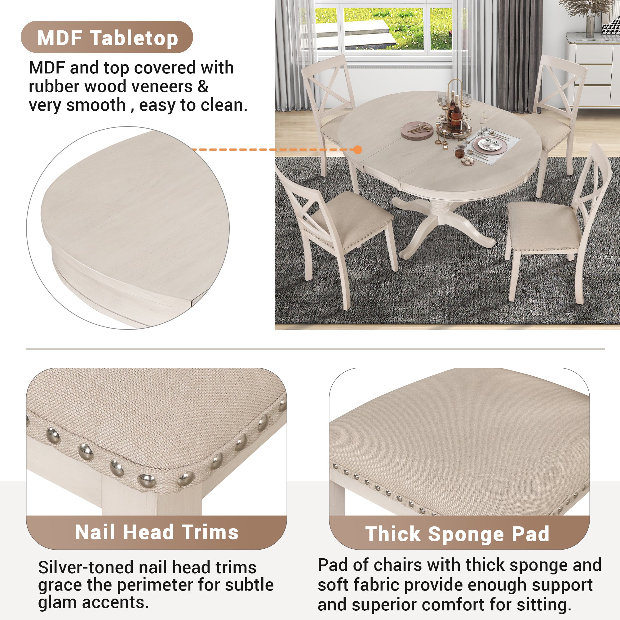 Antique White Modern Dining Table Set for 4 with Round Table and Chairs, Solid Wood & MDF - Grand Goldman Shop