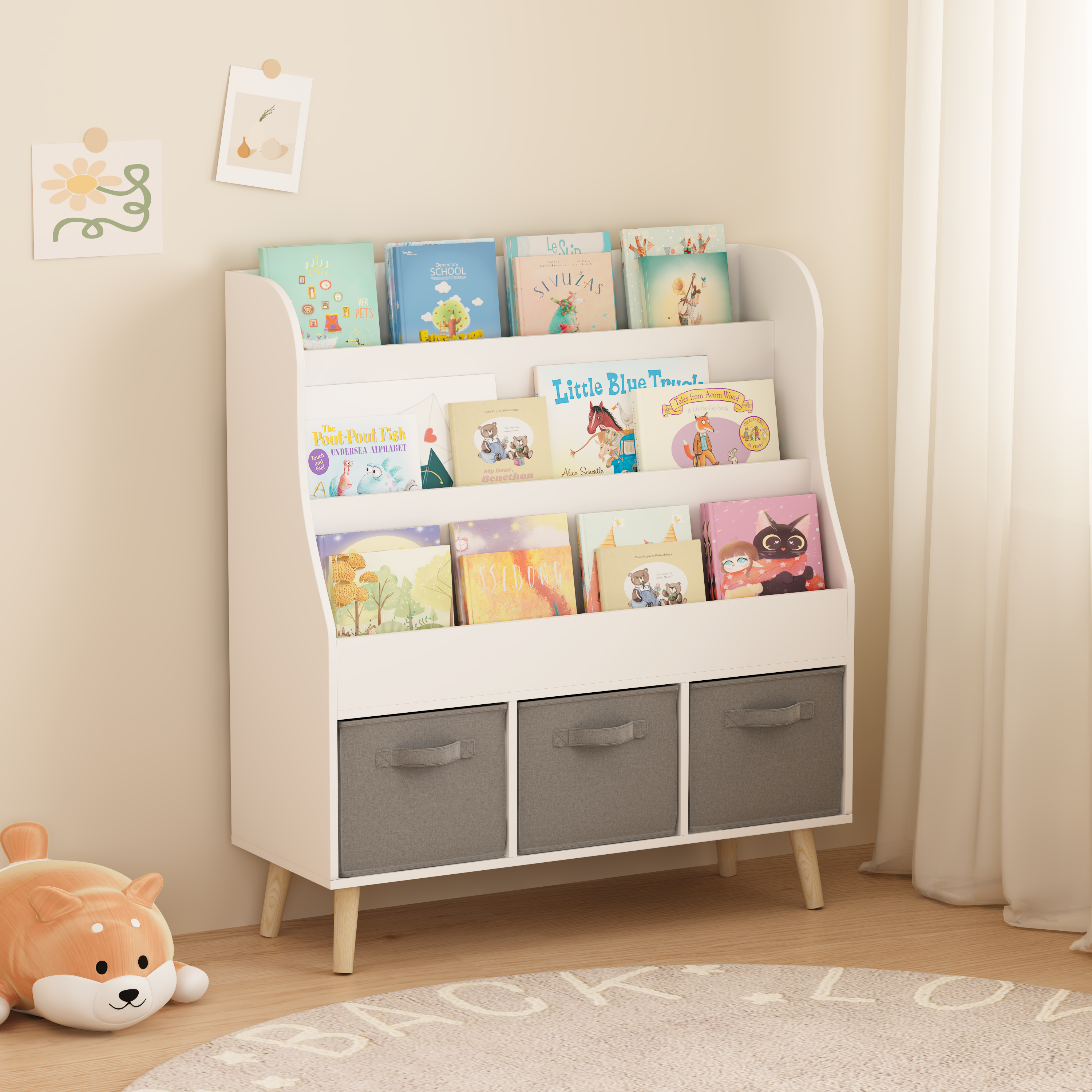 Kids Bookshelf with 3 Fabric Storage Bins, White Wooden Book Display Organizer for Toddlers and Children, Front-Facing Book R