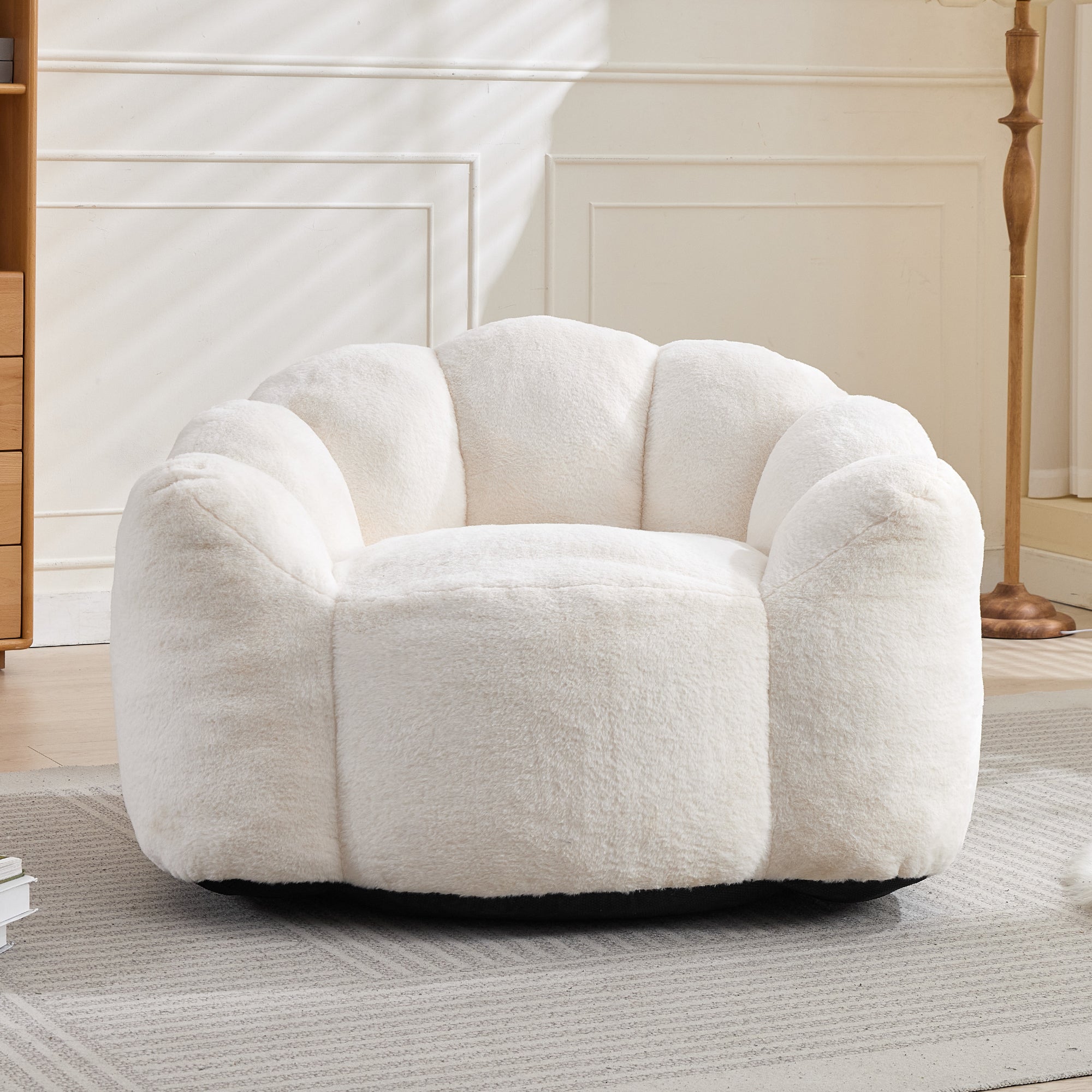 Lotus Style Compression Sofa Adult Bean Bag with Pull Ring, White Plush, 43.7 x 39.76 x 26.77 inches, No Installation Required - Grand Goldman Shop
