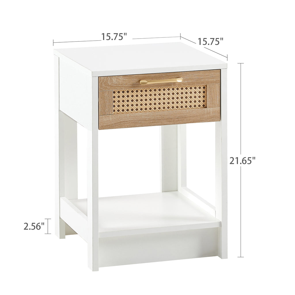 Modern Rattan End Table with Drawer, White MDF and Rattan, 15.75' Square - Grand Goldman Shop