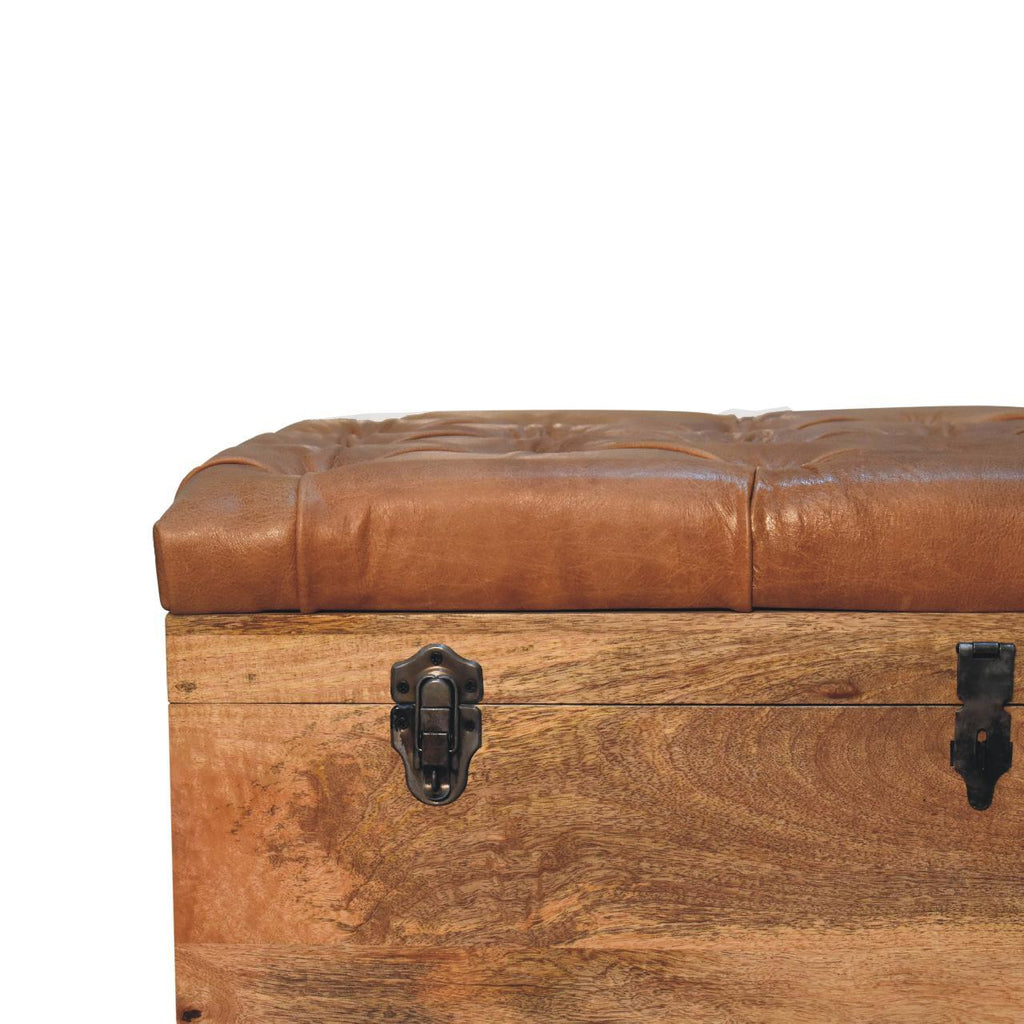 Solid Wood Buffalo Hide Oak-ish Storage Trunk, Leather Upholstered, Brown and Tan - Grand Goldman Shop