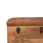 Solid Wood Buffalo Hide Oak-ish Storage Trunk, Leather Upholstered, Brown and Tan - Grand Goldman Shop