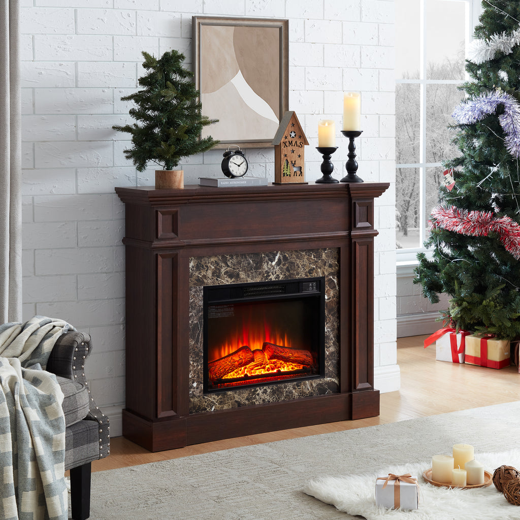 Electric Fireplace with Mantel, Fireplace Mantel, Fireplace Heater Freestanding, Realistic Stacked Stone Surround with Remote Control Timer LED Flame, Cherry, 45.66'W*11.8'D*40'H - Grand Goldman Shop