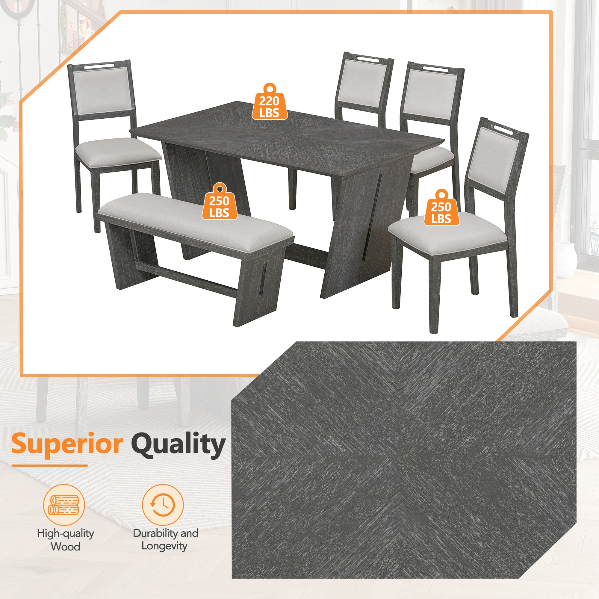 TREXM 6-Piece Retro Dining Table Set for 6, 60' Wood Kitchen Table and Chairs Set of 4 with Bench Designed Trestle Base for kitchen & Dining Room (Gray) - Grand Goldman Shop