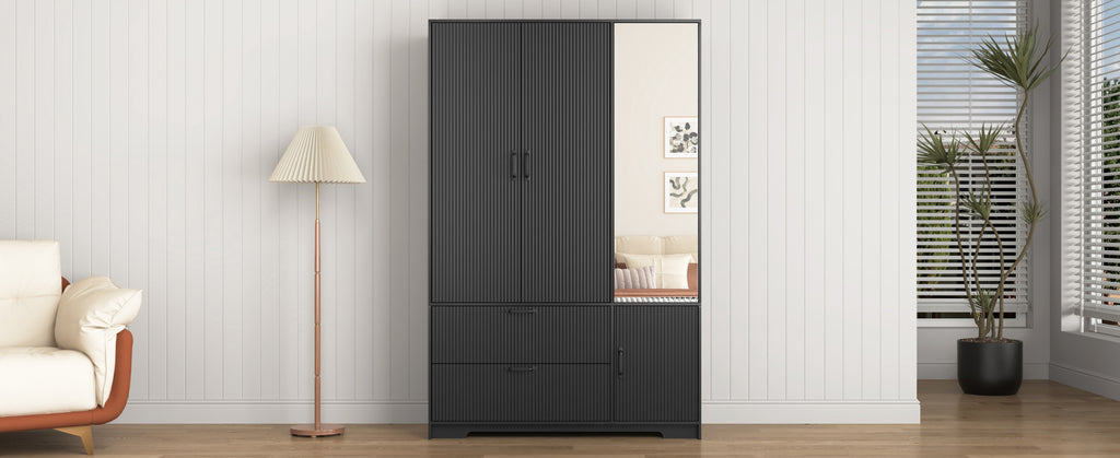 4 Doors Wardrobe Closet with Mirror, LED Wardrobe with Doors and 2 Drawers, Wooden Wardrobe Storage Cabinet with Hanging Rod, Adjustable Shelves, Black - Grand Goldman Shop