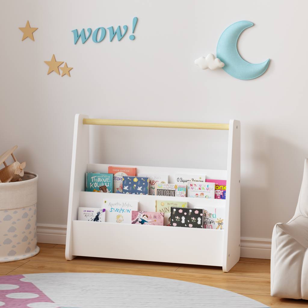 Kids Bookshelf with Wooden Handle, 2-Tier Front-Facing Toddler Bookcase, Portable Children's Book Storage Organizer for Bedro