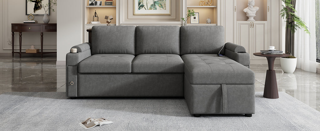 Modern L-shaped Convertible Sofa Bed with Storage, Cup Holders, USB Ports, Gray Chenille, 83.5' - Grand Goldman Shop