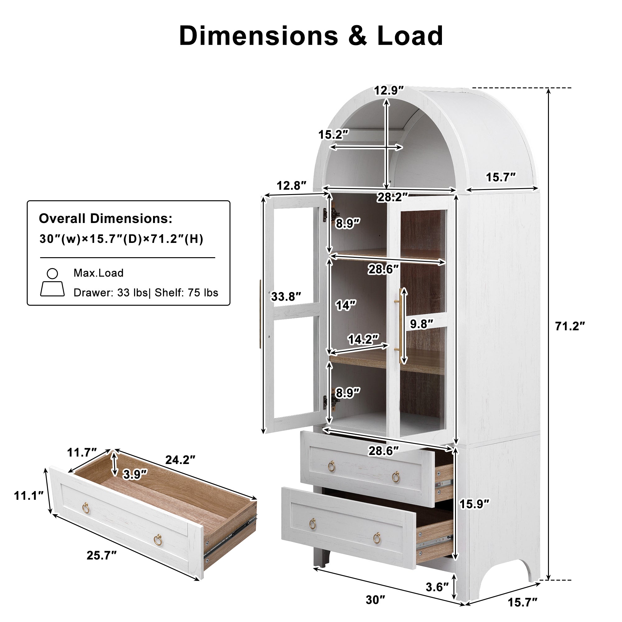 K&K 71' Tall Arched Kitchen Pantry Cabinet with 2 Large Drawers, Modern Farmhouse Kitchen Storage Cabinets with Adjustable Shelves, Glass Door, Wood Versatile Cupboard for Kitchens, Dining Room, White - Grand Goldman Shop