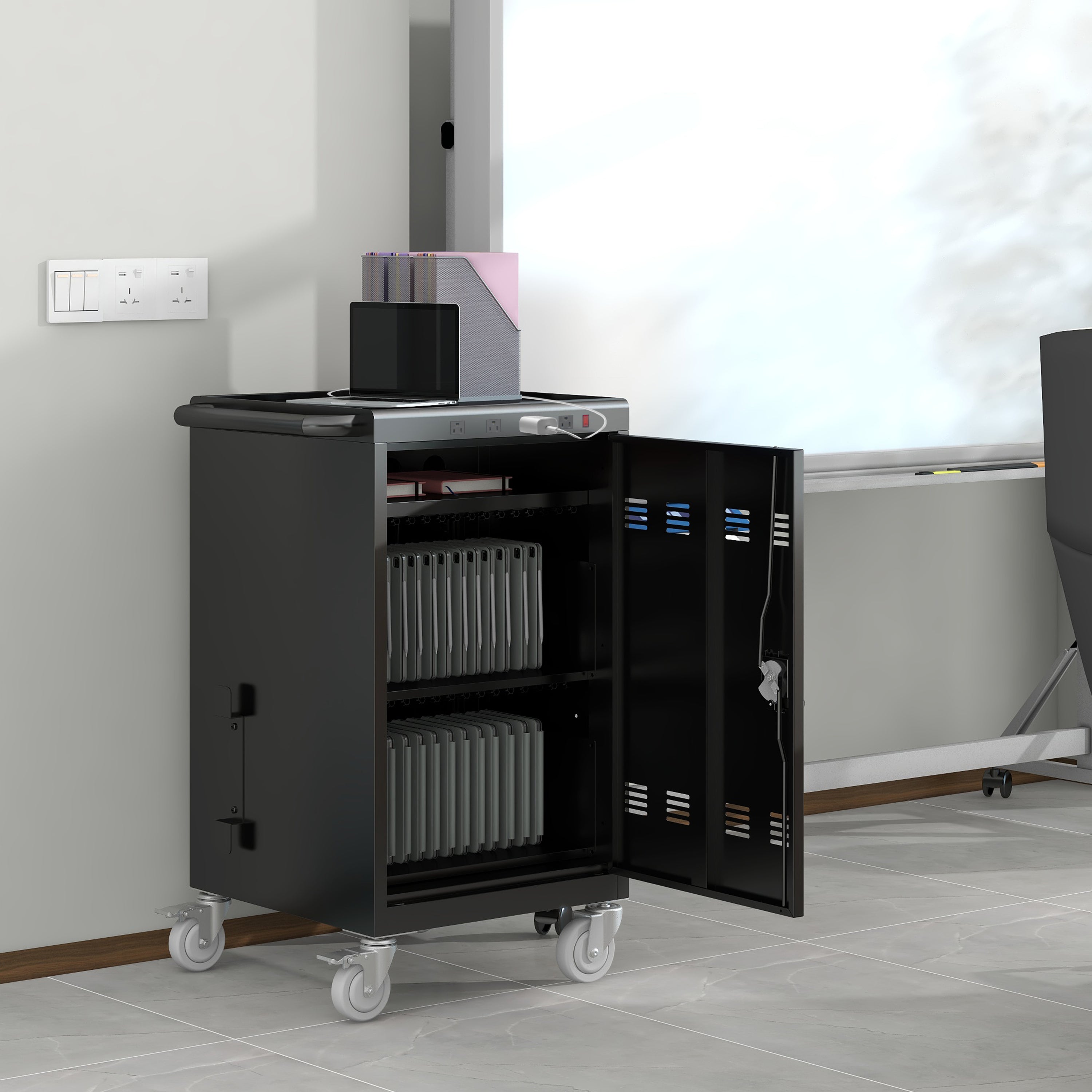 Mobile Charging Cart for Tablets Laptops 35-Device Capacity Matt Black Metal - Grand Goldman