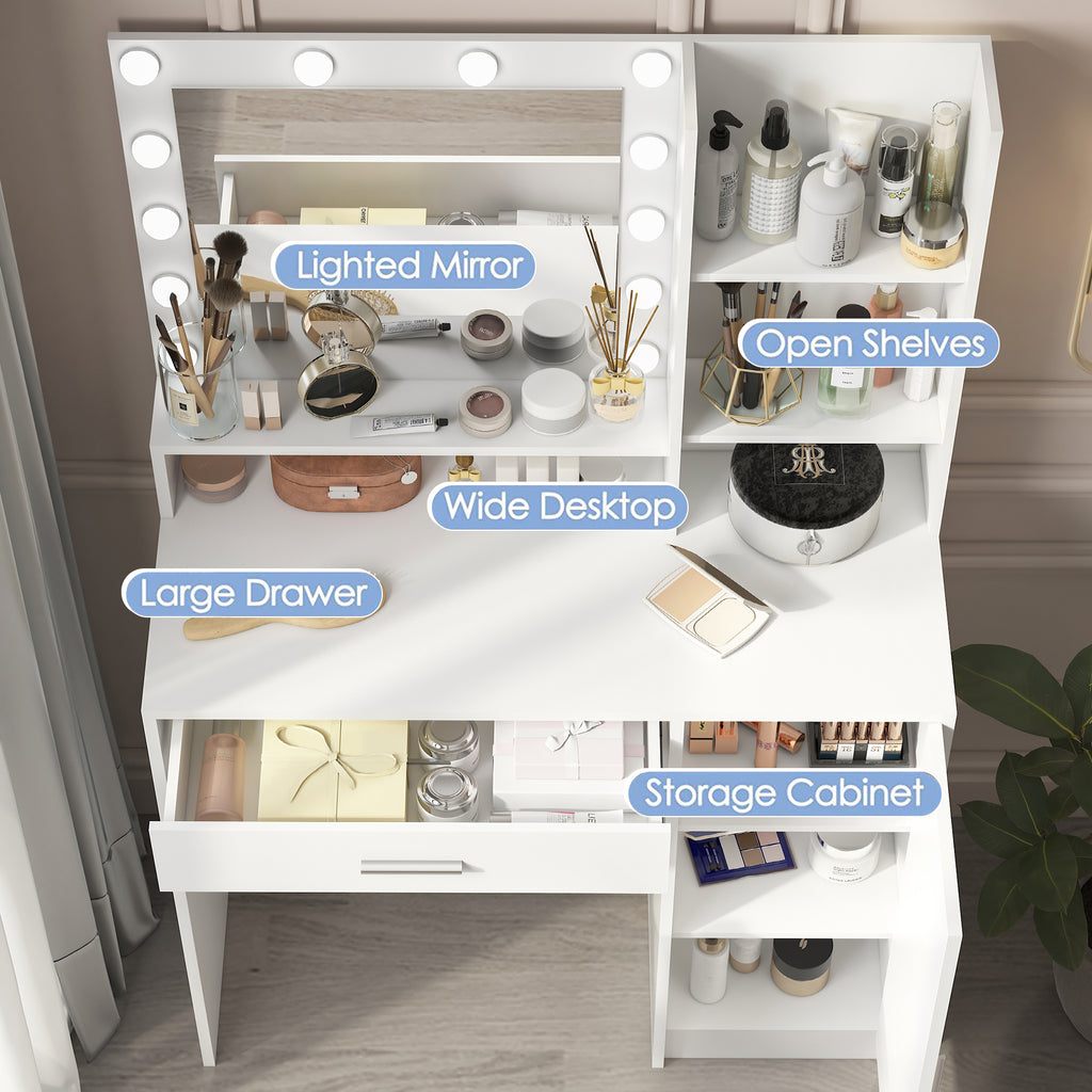 Vanity Desk with Mirror & Light, Large Drawer Three Level Storage Dresser, 3 Lighting Modes Adjustable Brightness, Bedroom Dressing Table(white) - Grand Goldman Shop