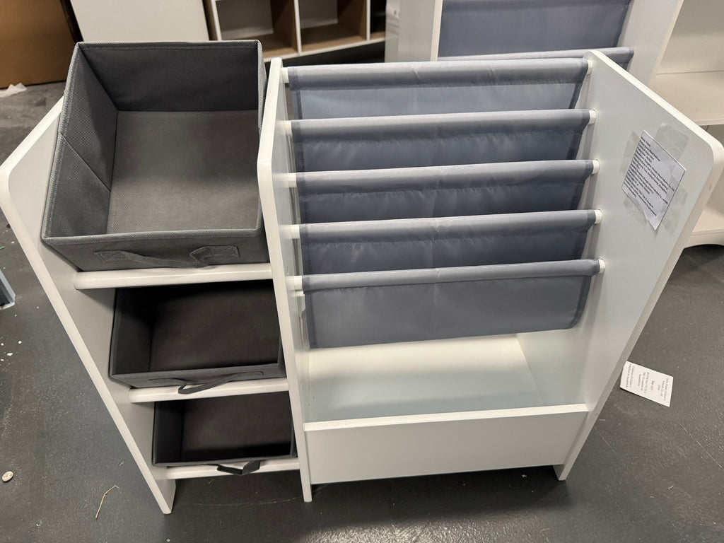 Kids Bookshelf and Toy Storage Organizer, Multifunctional 4-Tier White MDF Bookshelf with 3 Collapsible Fabric Drawers for Nu