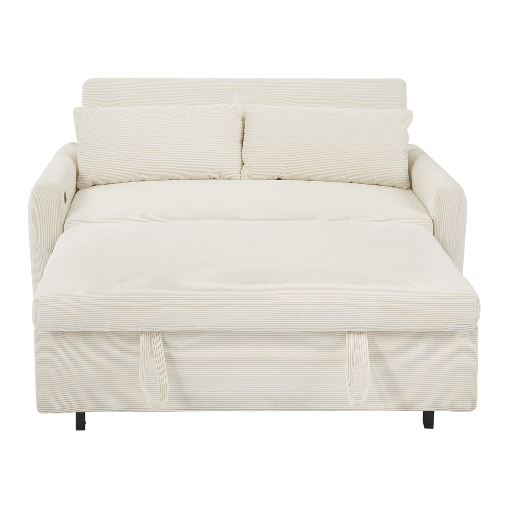 Modern Convertible Pull-out Sofa Bed with USB Ports and Pillows, Beige Corduroy, 57.48 inches - Grand Goldman Shop