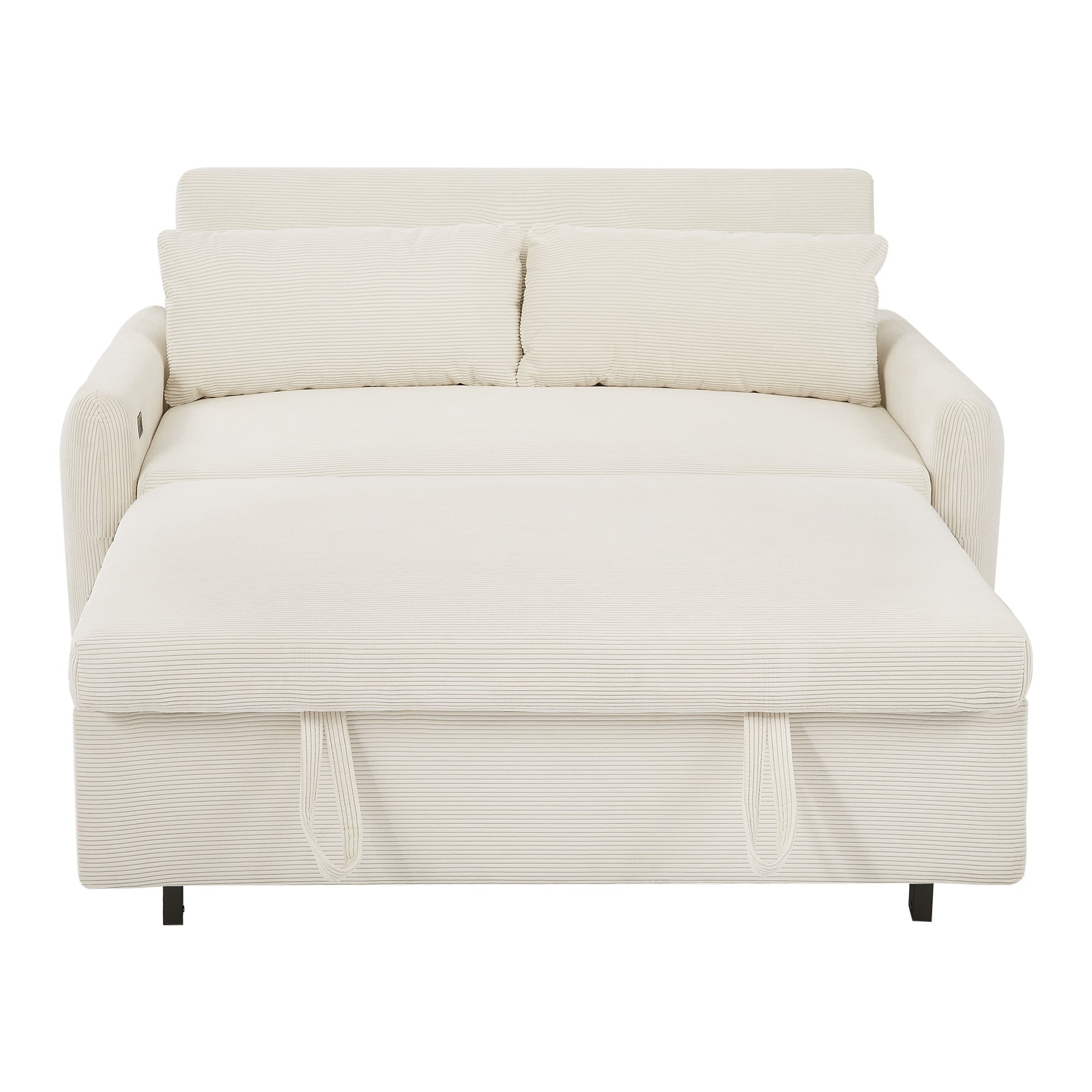 Modern Convertible Pull-out Sofa Bed with USB Ports and Pillows, Beige Corduroy, 57.48 inches - Grand Goldman Shop