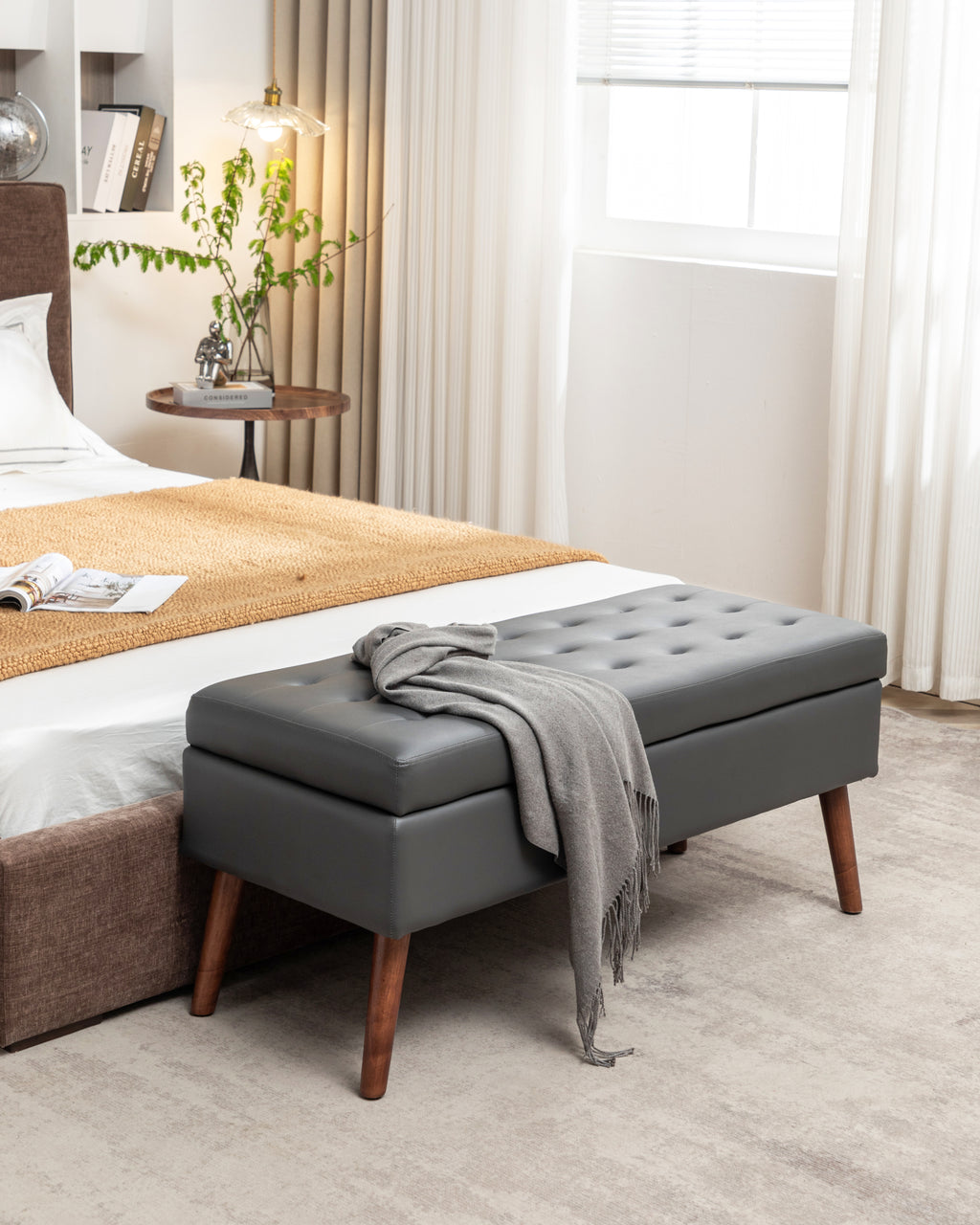 Storage Bench with Storage Bench for Bedroom End of Bed Bench Foot of Bed Bench Entryway Bench Storage Ottoman Bench 43.3' W x 17.7' Dark Grey Leather Bench - Grand Goldman Shop
