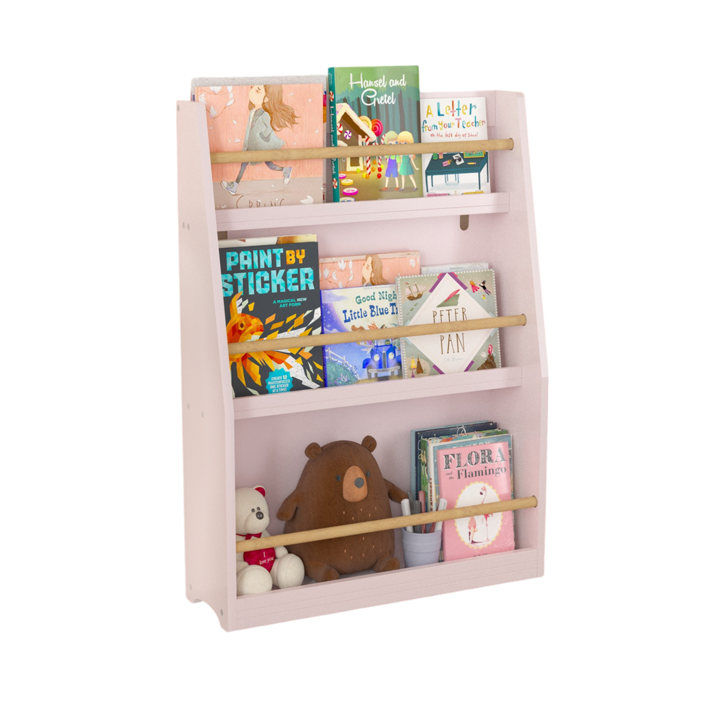 3-Tier Kids Book Shelf, Pink MDF & Pine Wood Storage Rack for Bedrooms, Playrooms, and Classrooms - Grand Goldman