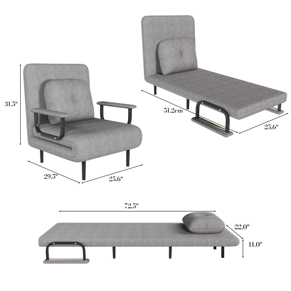 Folding Sofa Bed 5-in-1 Convertible Chair with Adjustable Backrest and Pillow, Grey Flannelette, Compact Design - Grand Goldman Shop