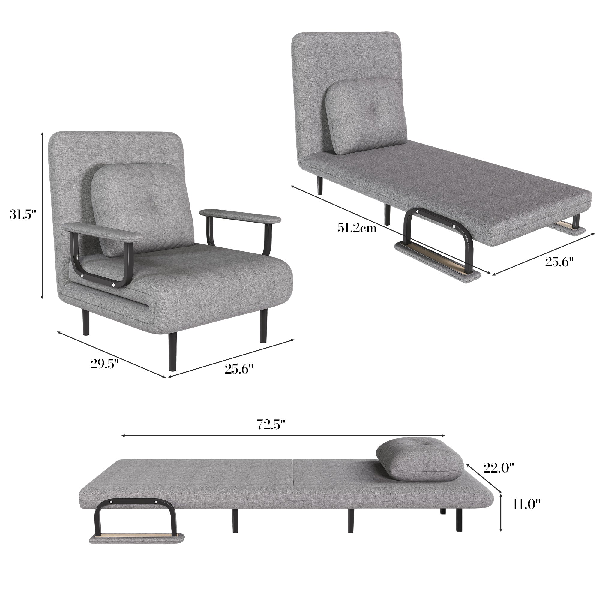 Folding Sofa Bed 5-in-1 Convertible Chair with Adjustable Backrest and Pillow, Grey Flannelette, Compact Design - Grand Goldman Shop