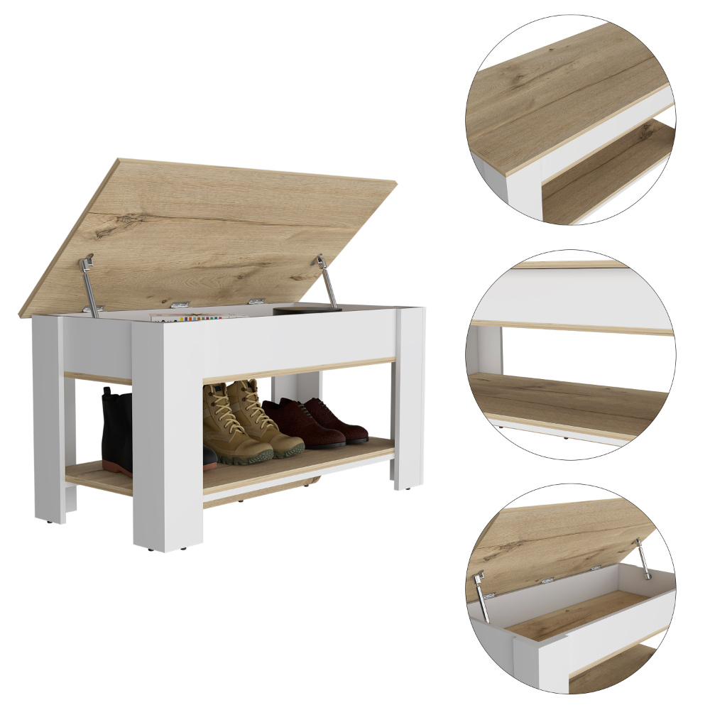 Austin Storage Table, One Extendable Table Shelf, Four Legs, Lower Shelf -Light Oak / White - Grand Goldman Shop
