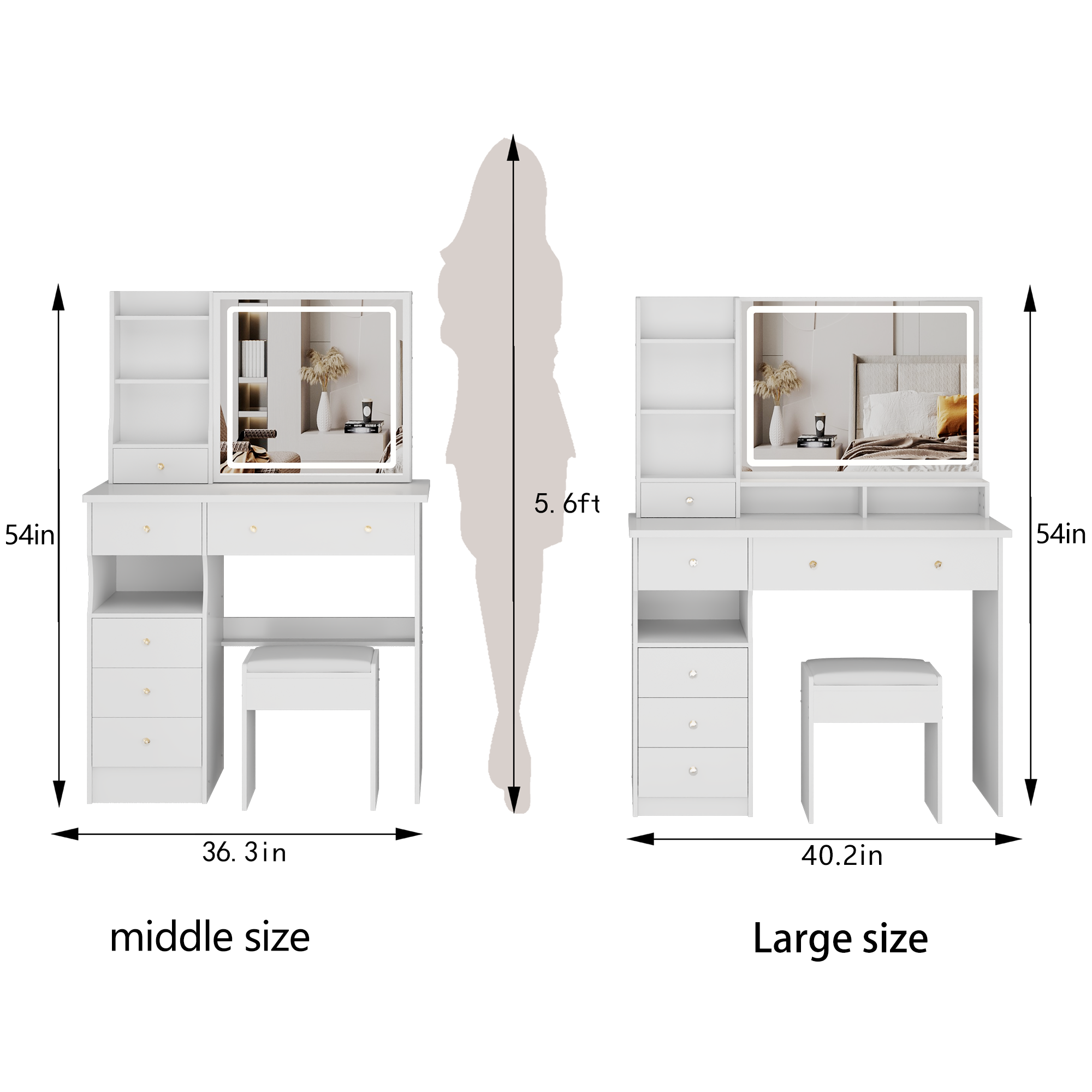 41' Large Sized Desktop Vanity Table + Cushioned Stool, Oversized desktop, Large Touch Control LED Mirror, 3-color Switch, Multi Layer High Capacity Storage Fashion Dresser, EPA, GCC, UL Certificate - Grand Goldman Shop