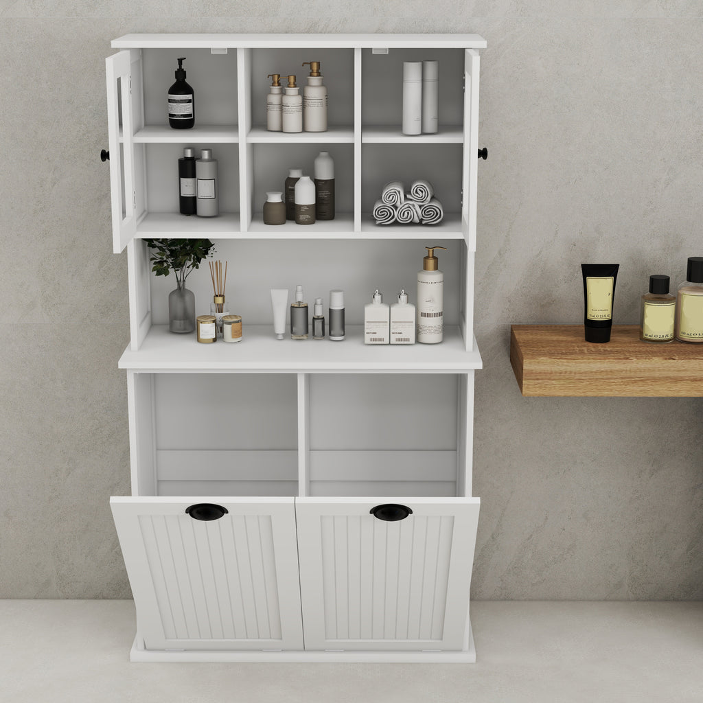 Two-Compartment Tilt-Out Dirty Laundry Basket Tall Bathroom Cabinet with 2 Adjustable Shelves-White - Grand Goldman Shop