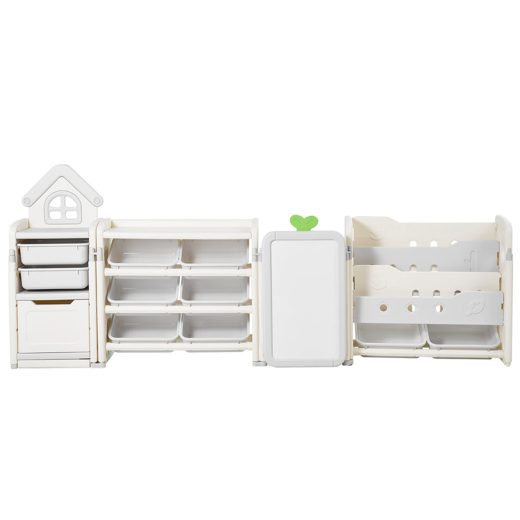 Kids Toy Storage with Bookshelf, 4-Tier Large Toy Storage Organizer with 10 Plastic Movable Bins, Kids Cubby Cabinet with Boo