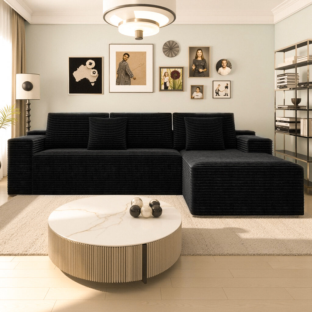 104.3*68.9'Modular sectional sofa seat,Upholstered compressed couch for living room,Bedroom,Apartment,No assembly required,2PC free combination,Plush corduroy fabric,BLACK - Grand Goldman Shop