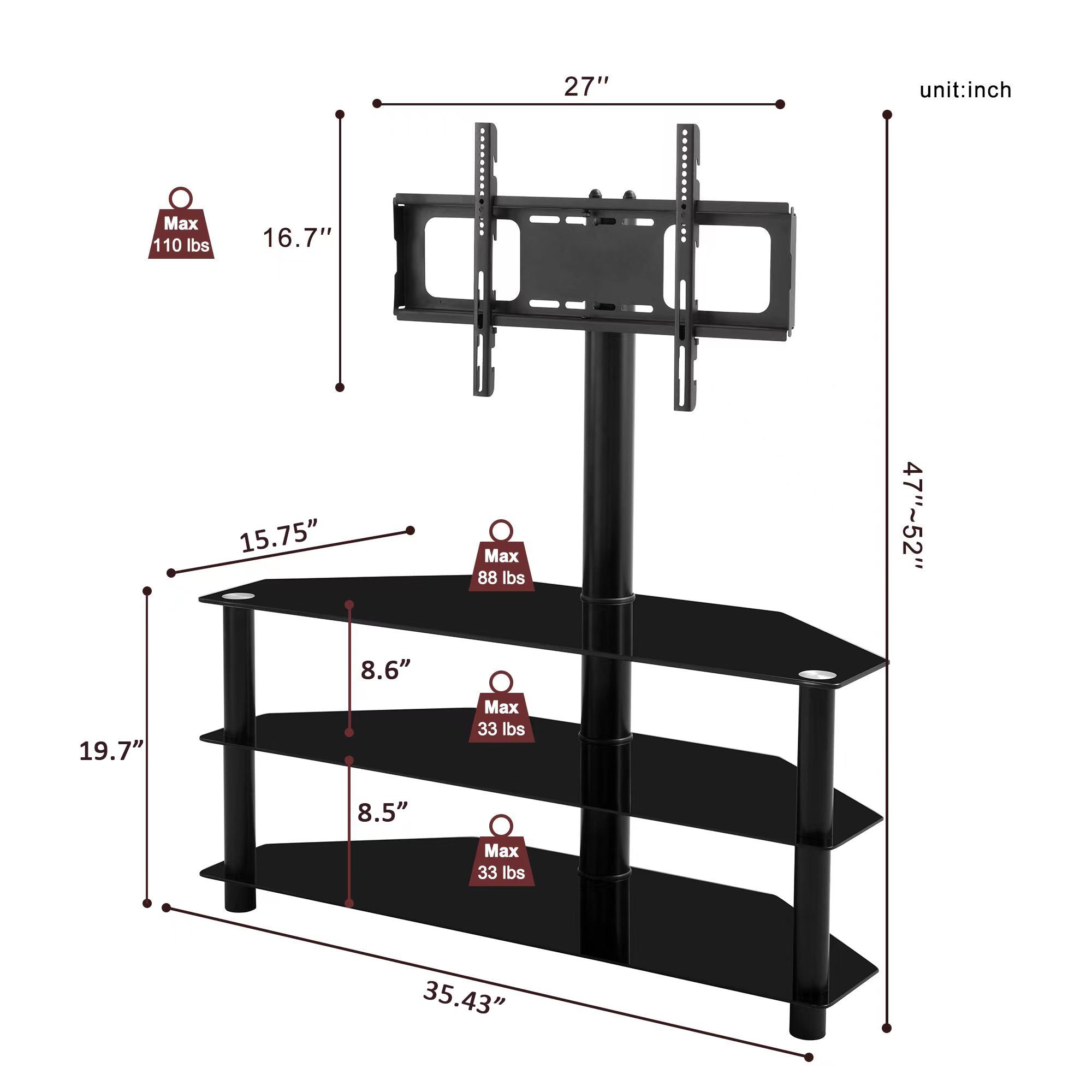 35.4 inch Black Multi-function TV Stand Height Adjustable Bracket Swivel 3-Tier - Grand Goldman Shop