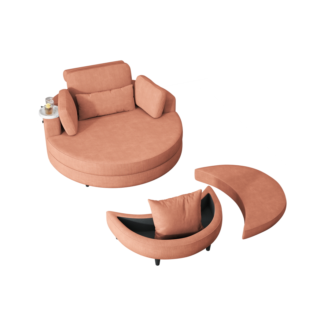 A 51-inch orange corduroy sofa with two throw pillows, a waist pillow and an extra tray is comfortable for a small apartment bedroom - Grand Goldman Shop
