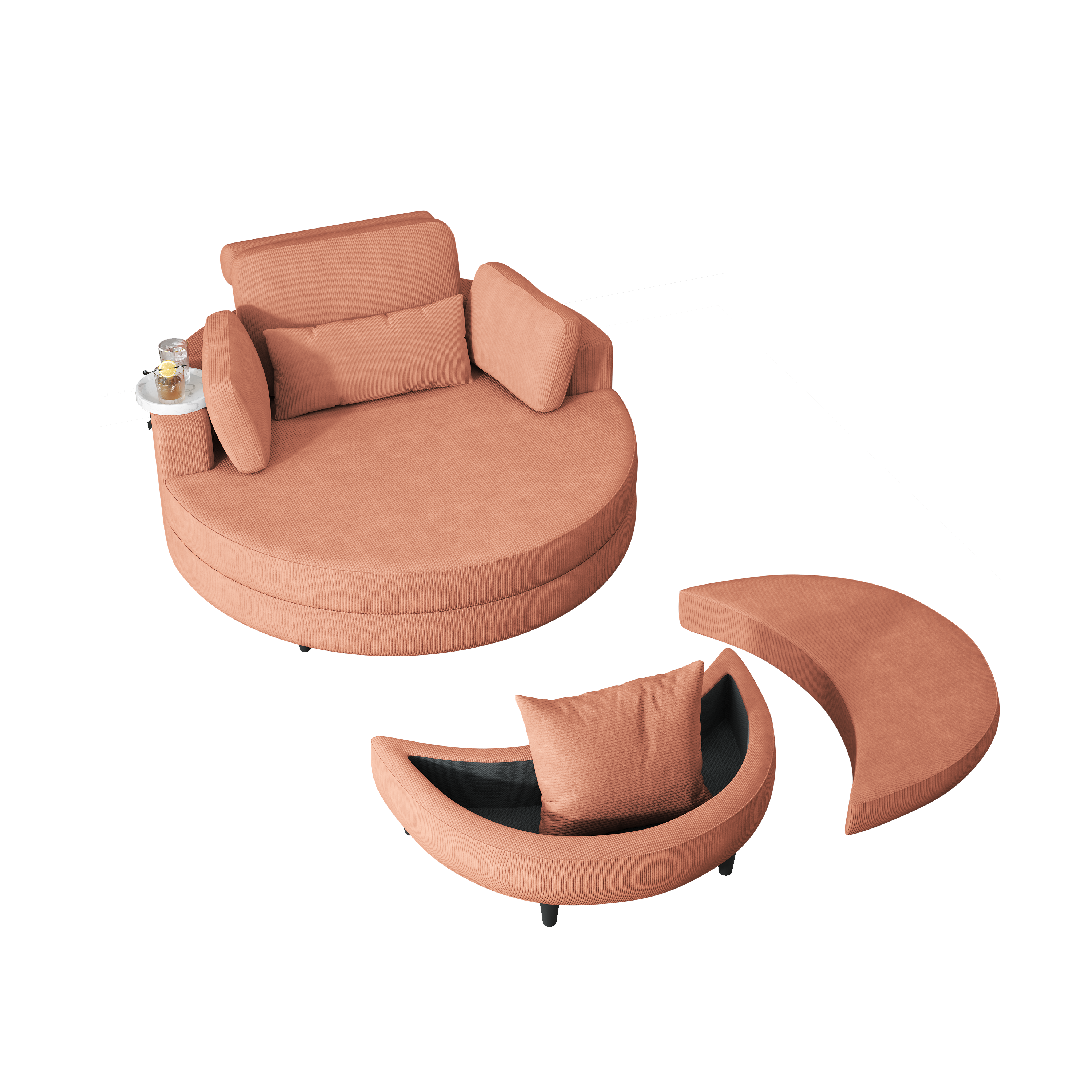 A 51-inch orange corduroy sofa with two throw pillows, a waist pillow and an extra tray is comfortable for a small apartment bedroom - Grand Goldman Shop
