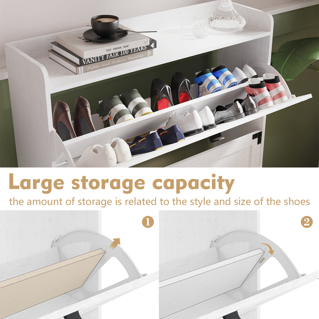 Shoe Cabinet with 2 Flip Drawers,Shoe Storage Cabinet for Entryway,Freestanding Shoe Cabinet Organizer with Open Storage,Narrow Farmhouse Shoe Rack with Metal Corner Decoration Legs,White - Grand Goldman Shop
