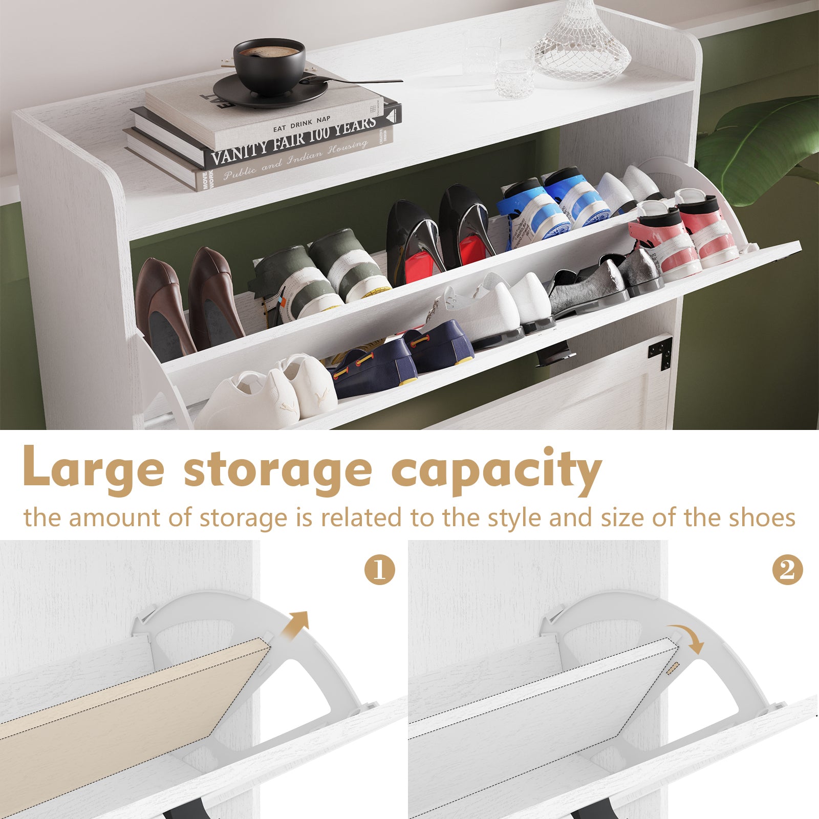 Shoe Cabinet with 2 Flip Drawers,Shoe Storage Cabinet for Entryway,Freestanding Shoe Cabinet Organizer with Open Storage,Narrow Farmhouse Shoe Rack with Metal Corner Decoration Legs,White - Grand Goldman Shop