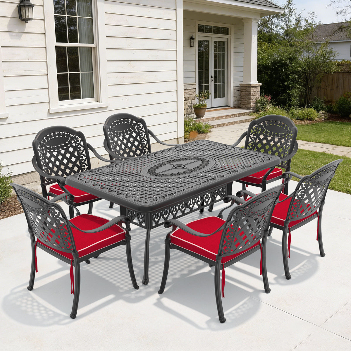 7-teiliges Set aus Gartenmöbeln aus Aluminiumguss mit schwarzem Rahmen und roten Polstern