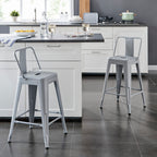 Modern Light Weight Industrial Contemporary Rustic Vintage Costal Metal Barstools with Bucket Back and 4 Leg Design, Seat Bar
