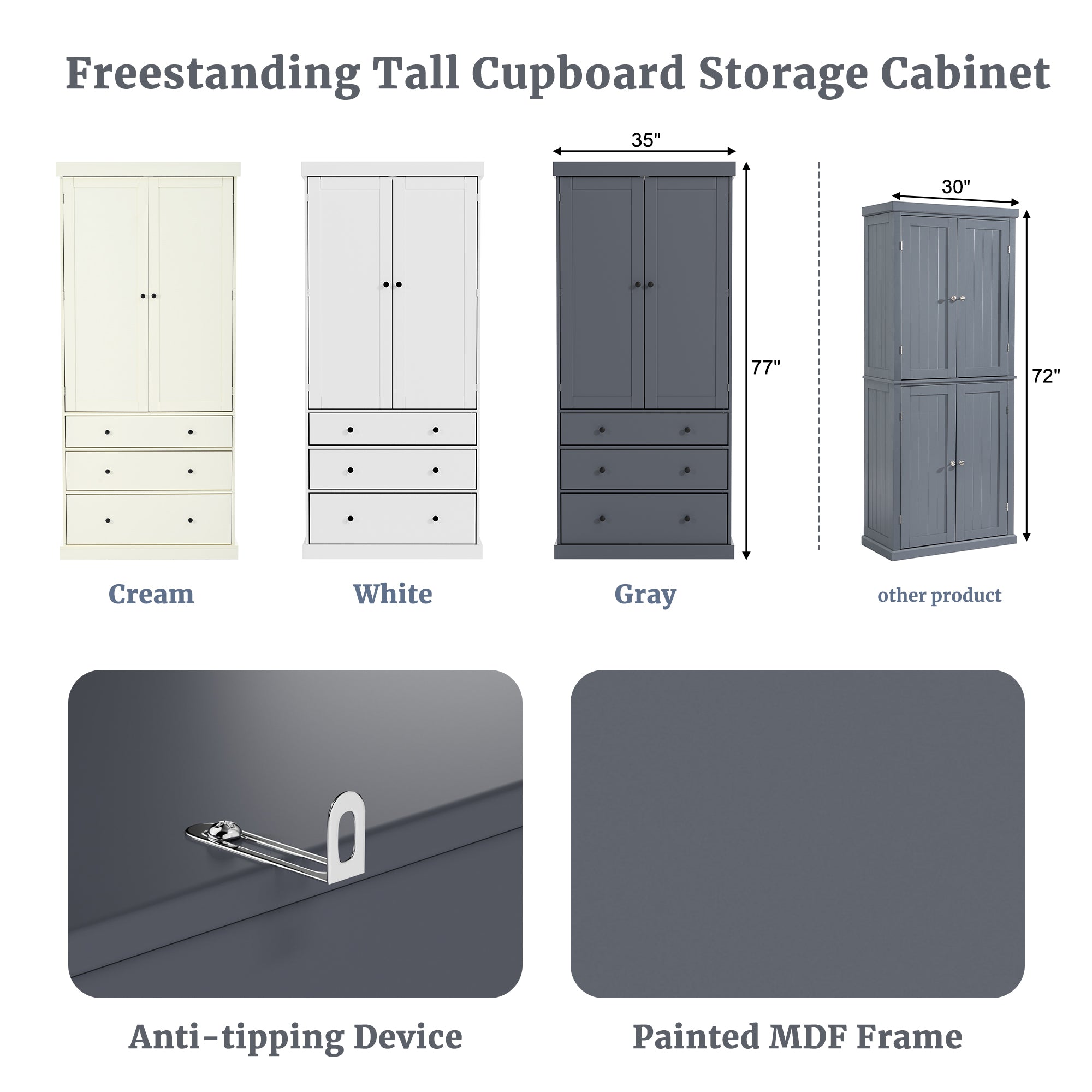 [Assembly Video Provided]TOPMAX 77inch Farmhouse Kitchen Pantry, Freestanding Tall Cupboard Storage Cabinet with 3 Adjustable Shelves, 8 Door Shelves, 3 Drawers for Kitchen, Dining Room, Gray - Grand Goldman Shop