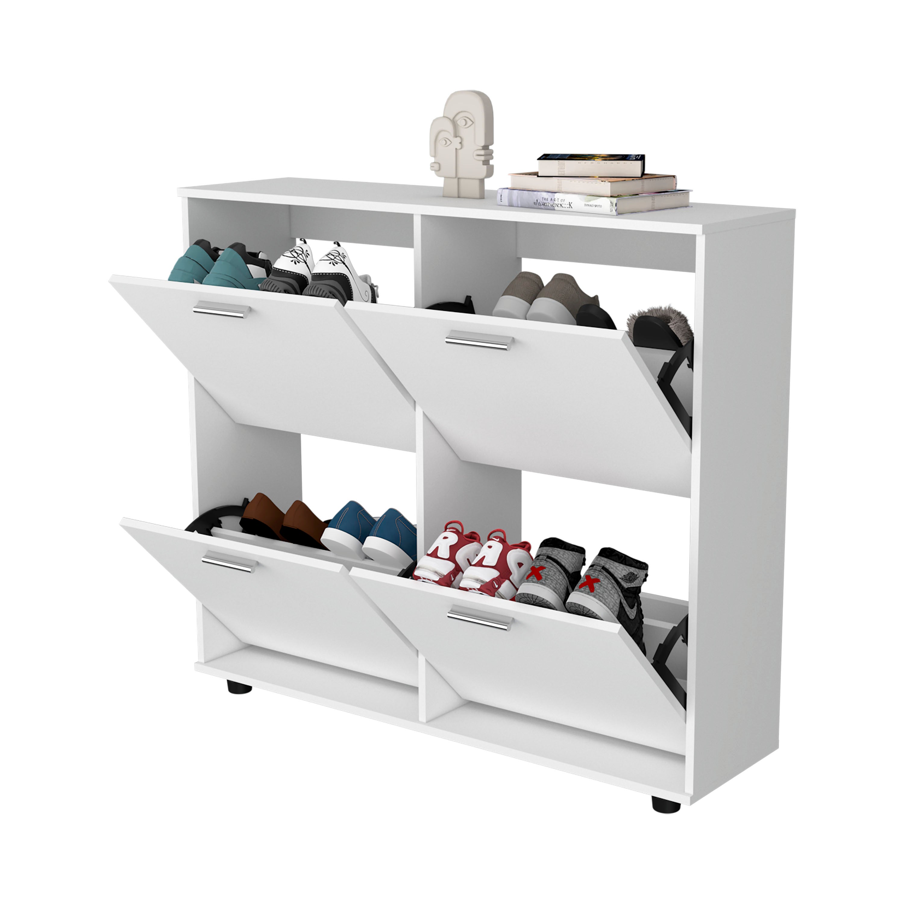 FM FURNITURE Nutrioso Tilt-Out Shoe Storage Cabinet with Multiple Compartments and Modern Desig, White - Grand Goldman Shop