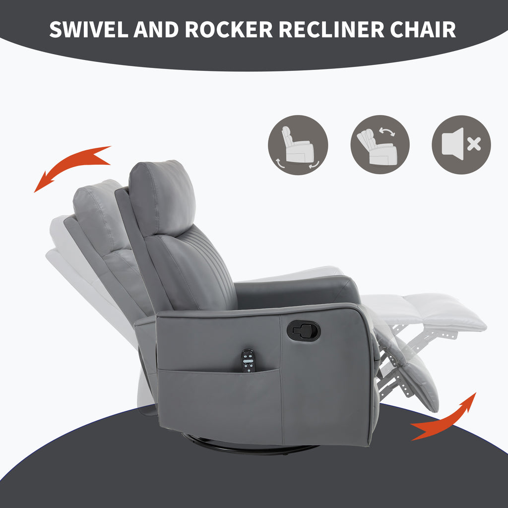 Grey Faux Leather Heat Massage Manual Recliner Chair with Rocker and Swivel for Living Room - Grand Goldman Shop
