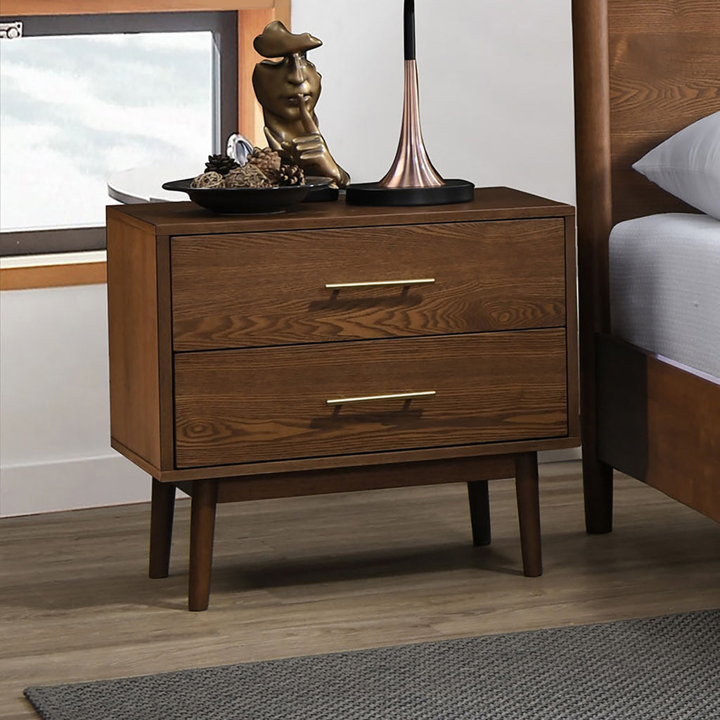 Walnut Color 3pc Bedroom Set Eastern King Size Bed 2x Nightstands Beige Upholstered Fabric Panel HB Mid-Century Modern Style - Grand Goldman Shop