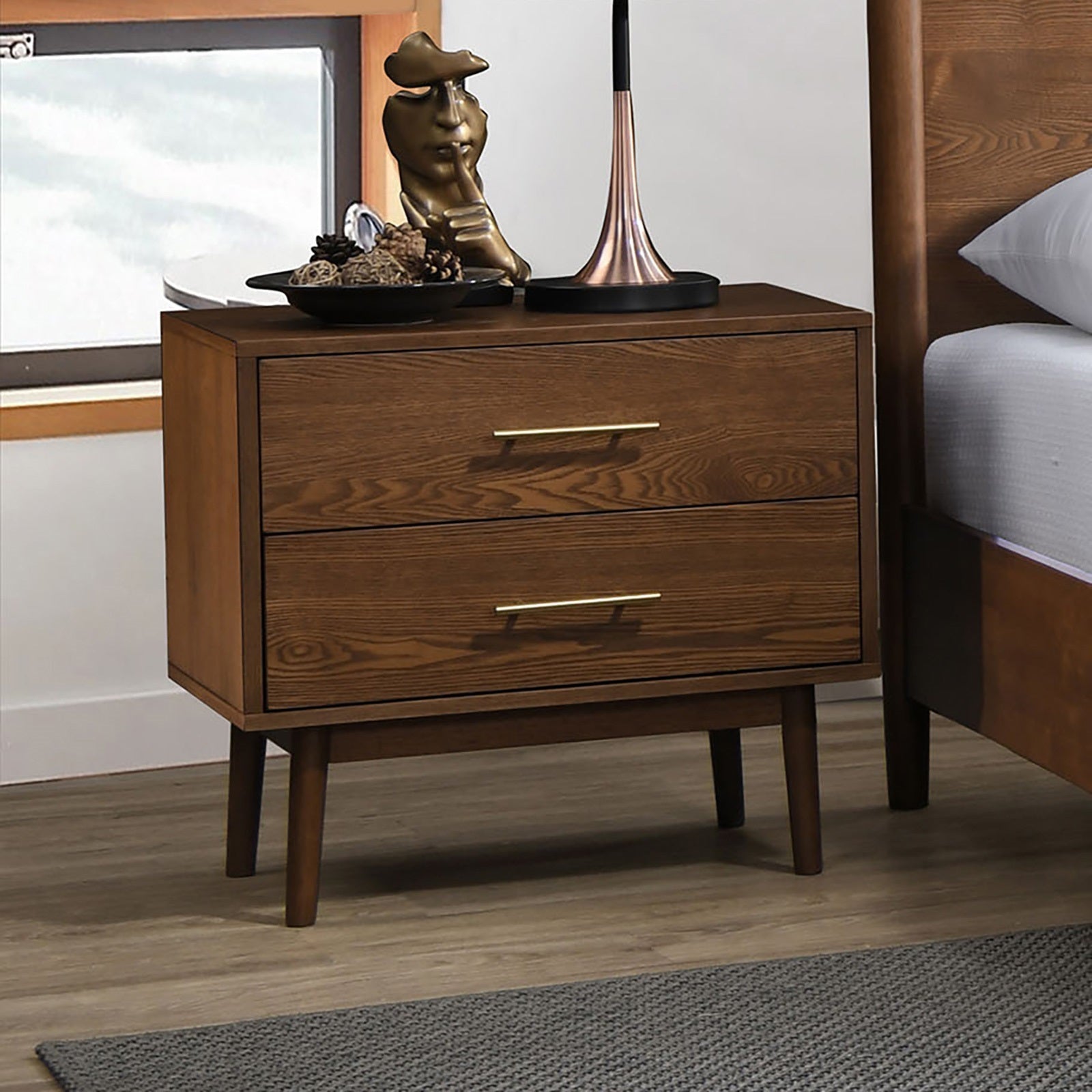 Walnut Color 3pc Bedroom Set Eastern King Size Bed 2x Nightstands Beige Upholstered Fabric Panel HB Mid-Century Modern Style - Grand Goldman Shop