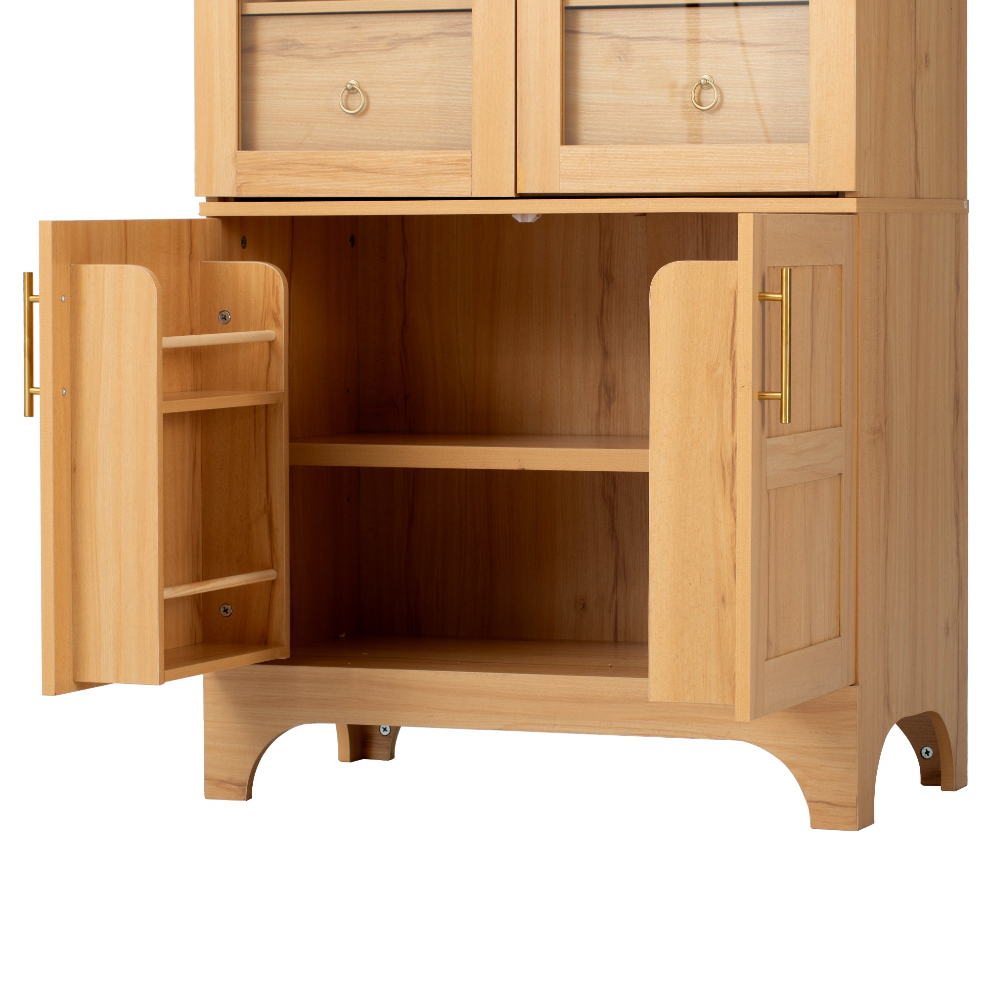 K&K 71' Tall Arched Kitchen Pantry Cabinet with Door Shelves, Farmhouse Kitchen Storage Cabinet with Open & Adjustable Shelves, Hidden Drawer & Glass Door, Cupboard for Kitchen, Dining Room, Natural - Grand Goldman Shop