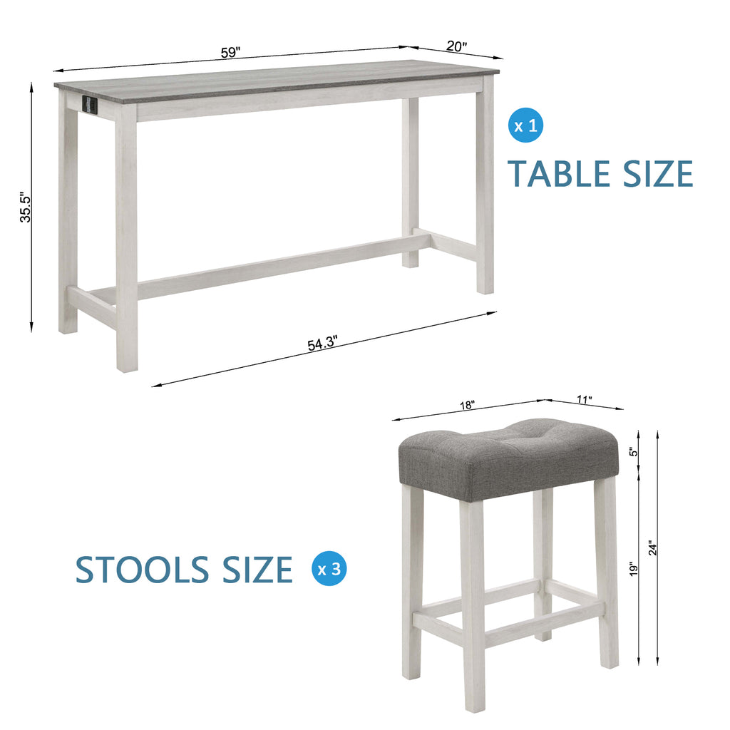 4 Piece Bar Table Set with Power Outlet, Bar Table Set with Chairs, Sofa Bar Table with Stools, Behind Couch Table with 3 Padded Stools, for Living Room, Dining room, White & Grey - Grand Goldman Shop