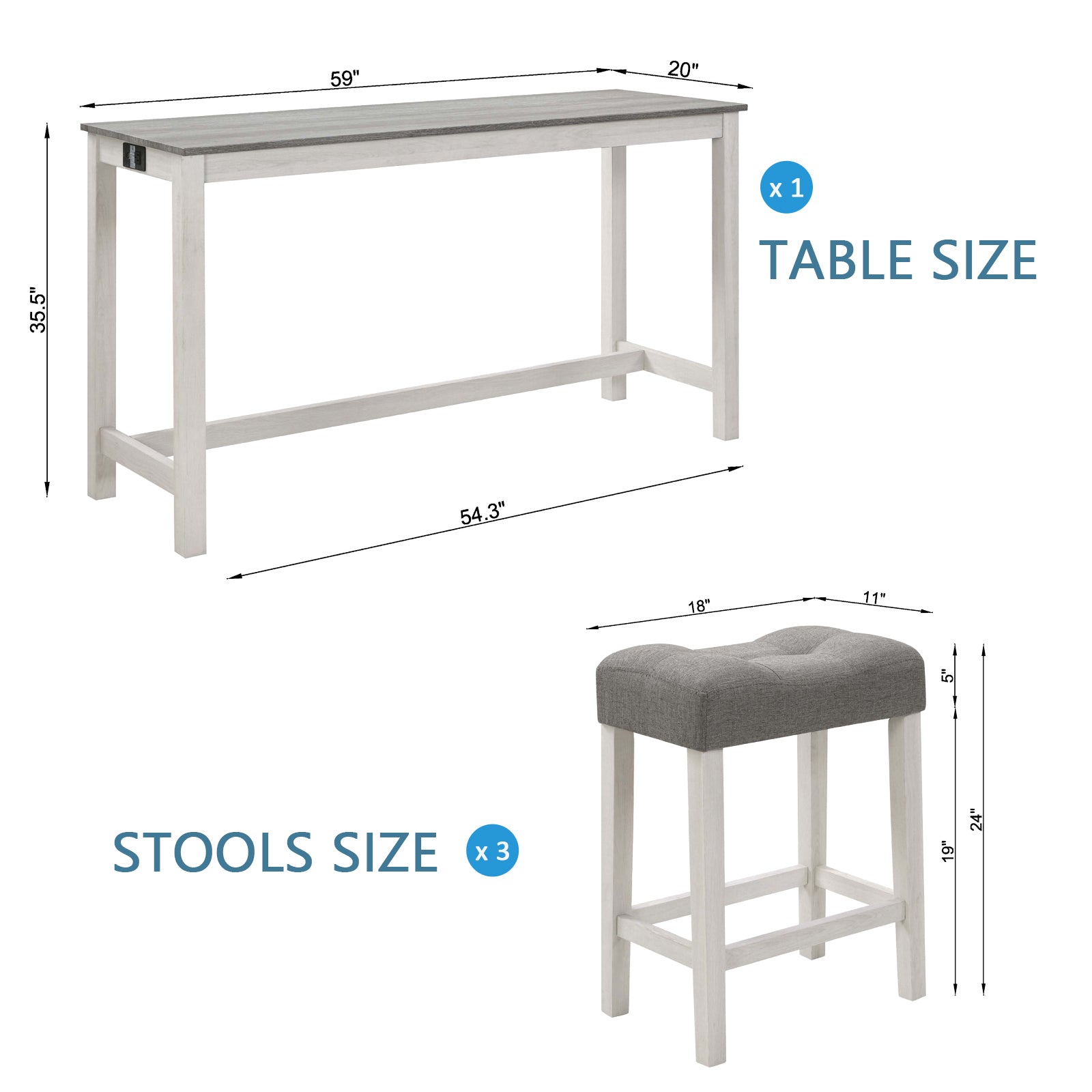 4 Piece Bar Table Set with Power Outlet, Bar Table Set with Chairs, Sofa Bar Table with Stools, Behind Couch Table with 3 Padded Stools, for Living Room, Dining room, White & Grey - Grand Goldman Shop