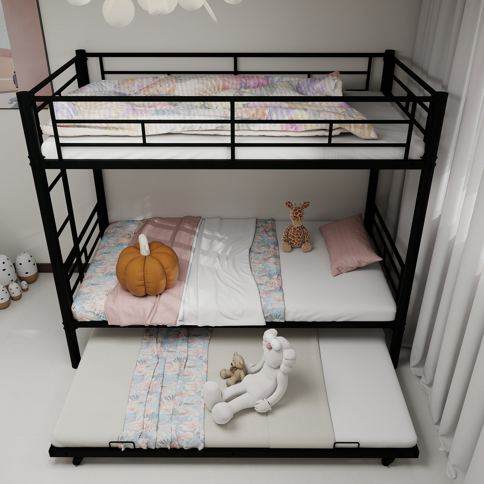 Heavy-duty Sturdy Metal Twin over Twin Bunk Bed with Noise Reduction, Safety Guardrail, No Box Spring Needed, Black - Grand Goldman Shop