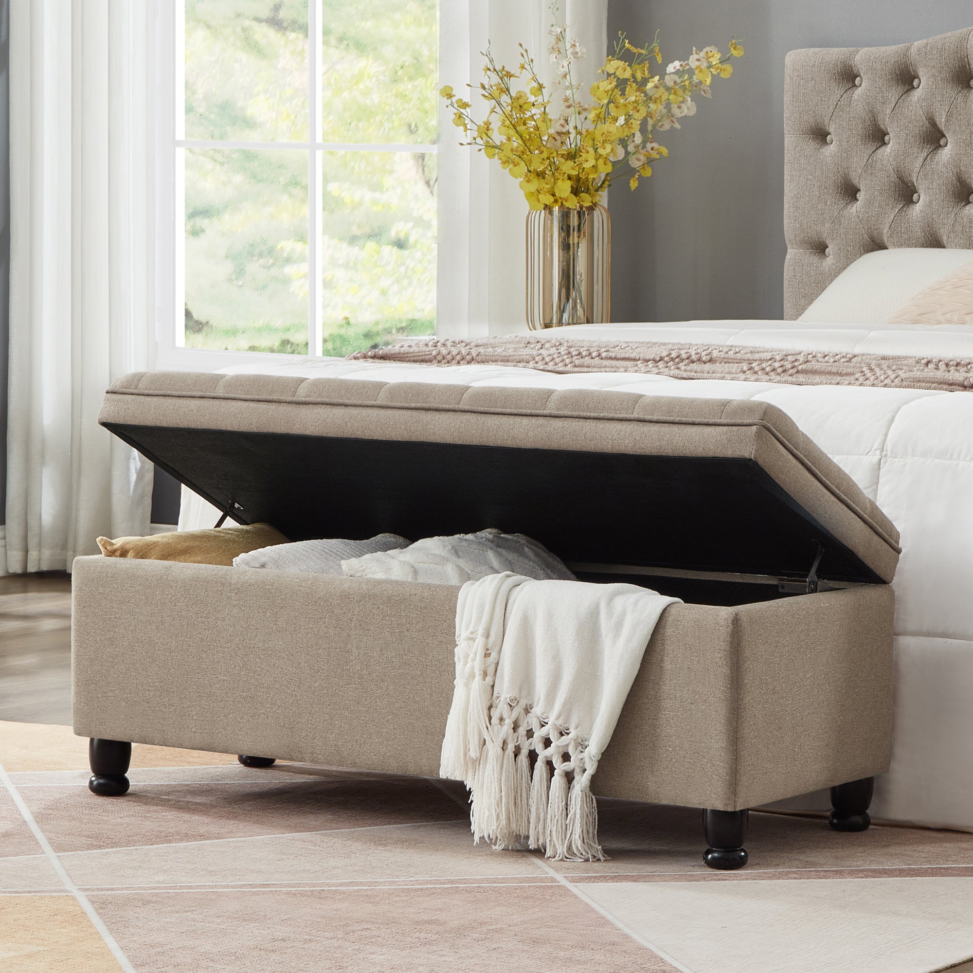 Upholstered tufted button storage bench ,Linen fabric entry bench with spindle wooden legs, Bed bench- Linen - Grand Goldman Shop